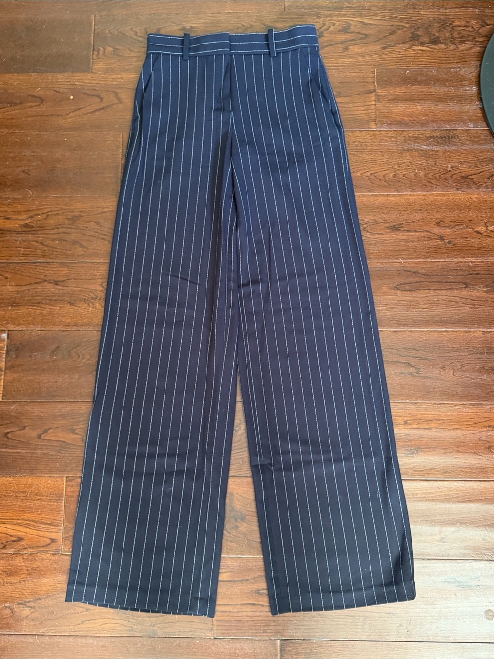Navy Pinstripe Wide-Leg Dress Pants